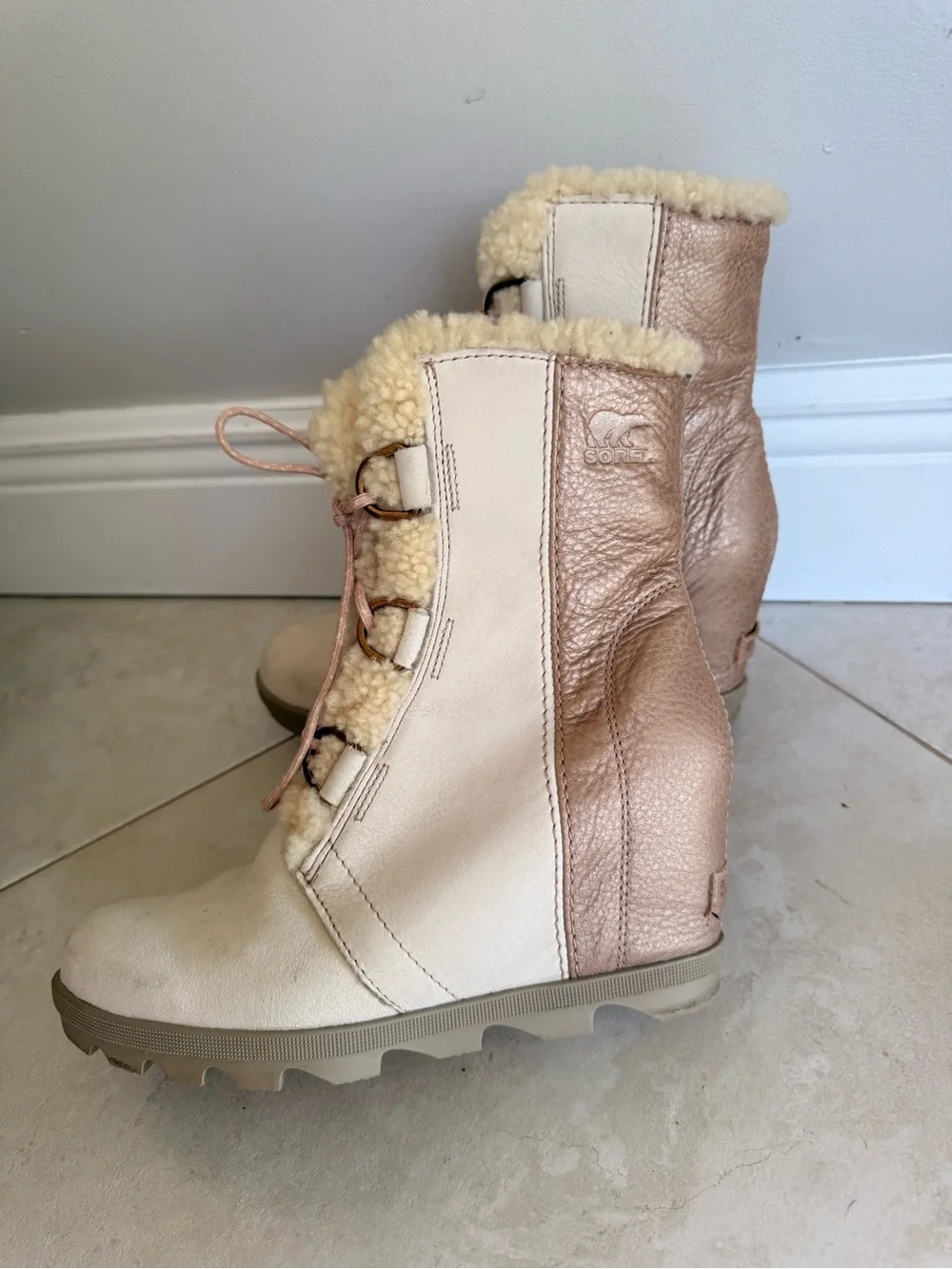 Sorel Women's Cream and Tan Shearling Lace-Up Wedge Boots